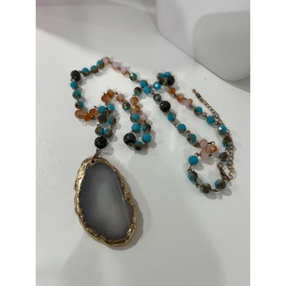 Beaded Necklace Agate‎ Slice Pendant Boho Chic Statement Jewelry